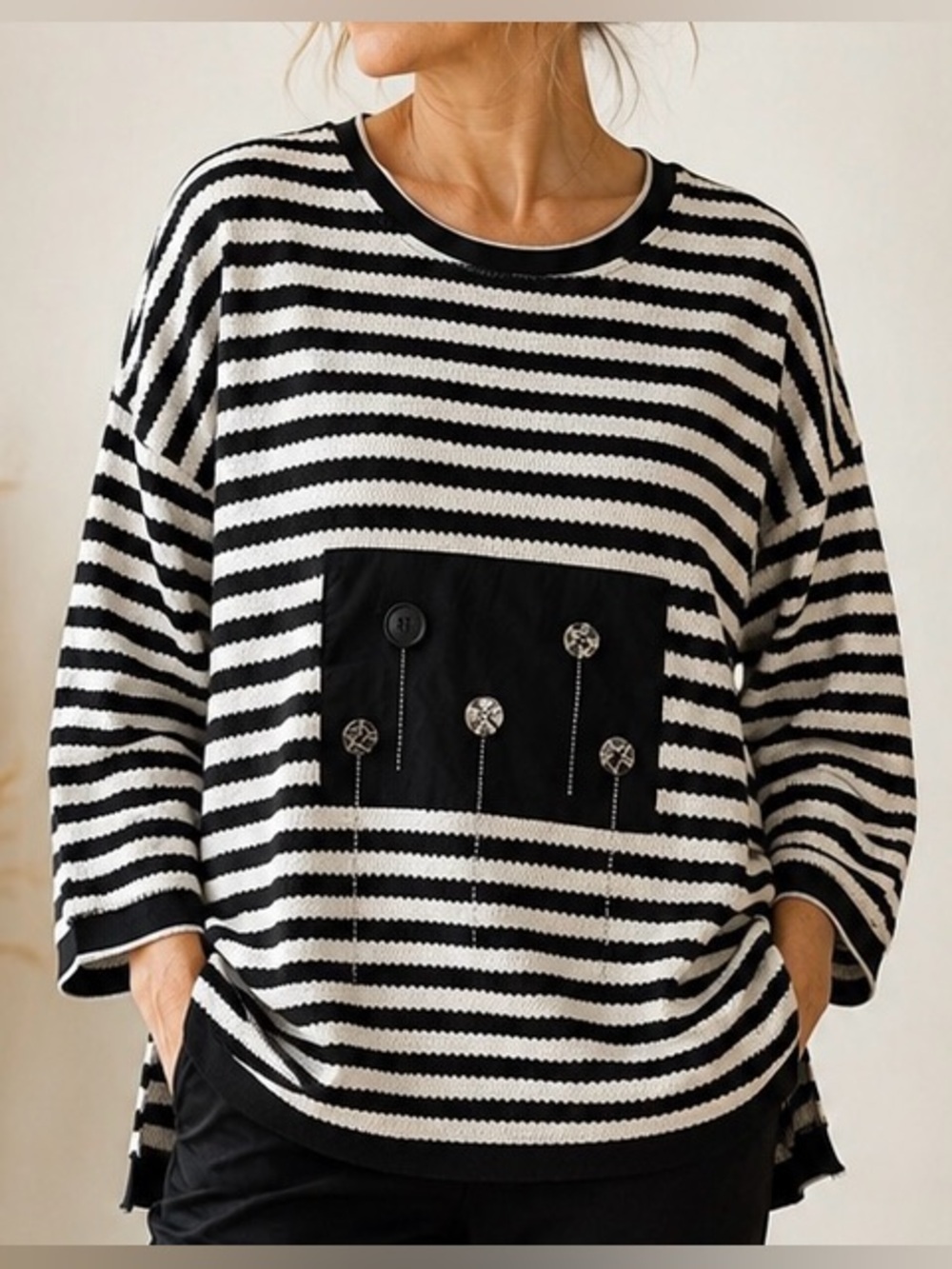 GOA Black & White Striped Art-to-Wear Tunic Top, M